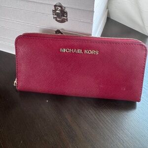 Michael Kors Zip-Around Wallet in Berry Pink with Gold Logo
